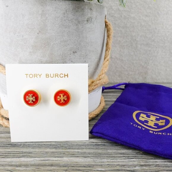 Tory Burch Kira Enamel Circle Stud Earrings Poppy Red/ Tory Gold OS - Picture 5 of 12